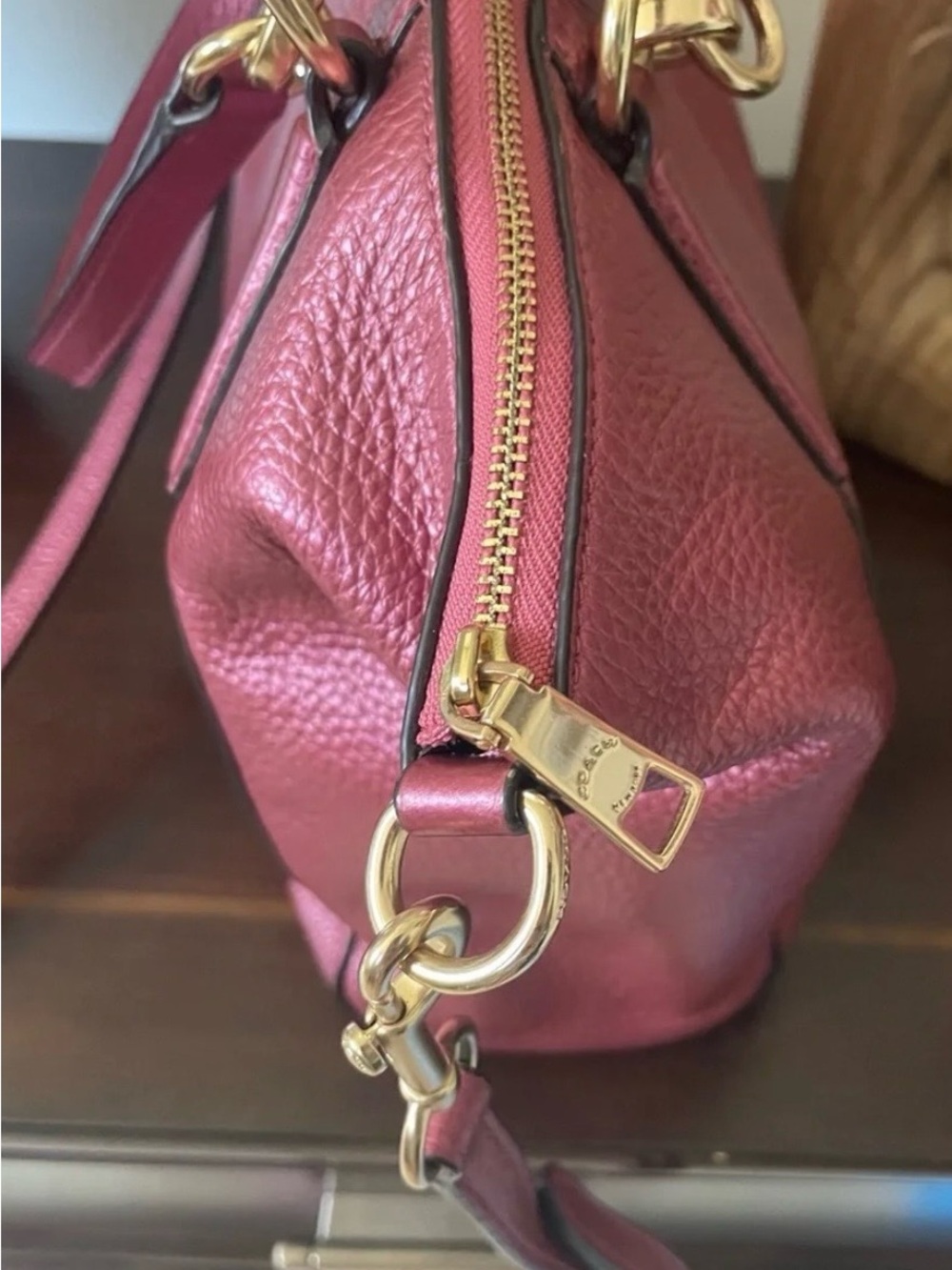 Coach Kelsey Metallic Pebbled Leather Shoulder Crossbody Rose Burgundy Gold Bag - Picture 10 of 15